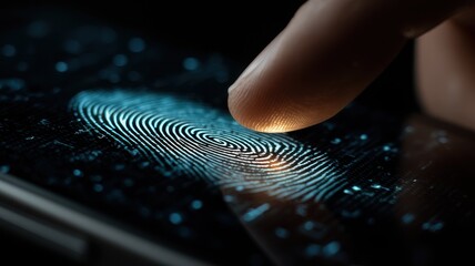  finger touches a glowing fingerprint on a dark screen