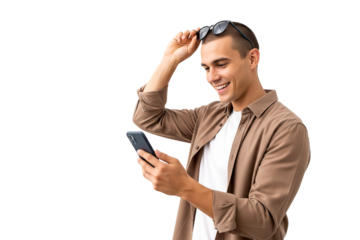 young business woman looking at the phone on white
