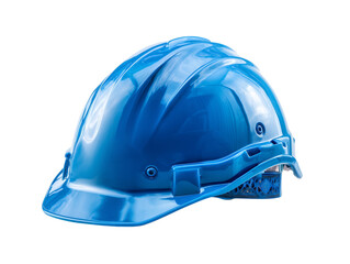 A close-up view of a pristine blue hard hat, isolated on a white background
