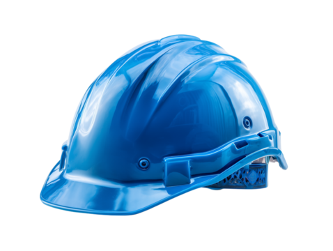 A close-up view of a pristine blue hard hat, isolated on a white background