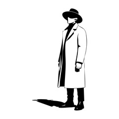 Minimalist black and white illustration of a standing man in a trench coat and hat