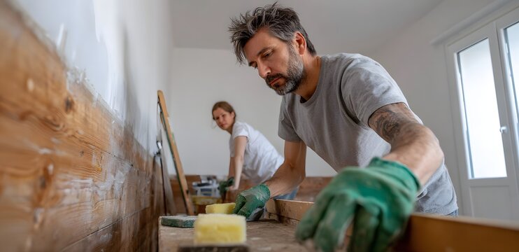 Couple renovating home interior with wooden wall paneling and tools