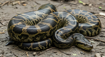 Fototapeta premium A coiled anaconda resting on the ground displaying its distinctive patterned scales in natural lighting