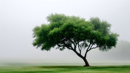Fototapeta premium Solitary Tree in Misty Green Field — Serene Nature Landscape with Morning Fog, Lush Grass, and Symbolic Calm for Mindfulness and Seasonal Depth