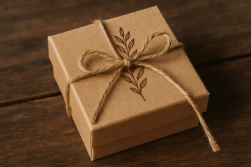 Kraft jewelry box adorned with a botanical motif, tied with rustic twine, resting on a wooden surface, evoking a natural and elegant aesthetic