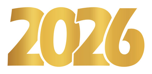 3D vector numbers 2026 in a gold color. Design object for New Year greeting cards, advertising banners. Metal numbers are bold and sleek, and with sharp edges. 3D element isolated on white