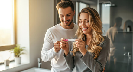 A couple looking at a pregnancy test together, sharing a joyful and emotional moment. The concept of partnership, new life, and the beginning of parenthood. Generative AI.