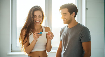 A couple looking at a pregnancy test together, sharing a joyful and emotional moment. The concept of partnership, new life, and the beginning of parenthood. Generative AI.