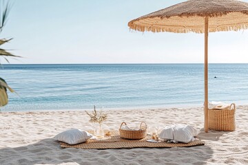 Beach Picnic Setup with Straw Mat and Umbrella