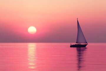 Soft Pink Sunset Over a Calm Sea with a Small Sailboat