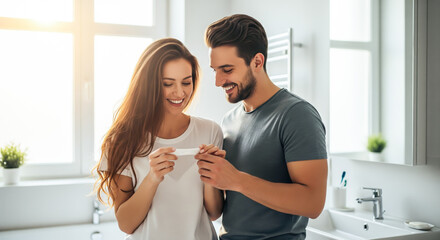 A couple looking at a pregnancy test together, sharing a joyful and emotional moment. The concept of partnership, new life, and the beginning of parenthood. Generative AI.