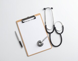 Doctor desk with stethoscope and clipboard – top-down healthcare image