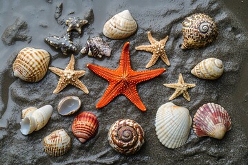 Seashells and Starfish Neatly Arranged on Wet Sand