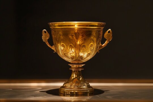 Golden goblet with ornate carvings, standing on a reflective surface, embodies historical significance and celebratory achievement