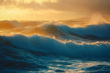 Waves at Dusk with Warm Light on Water