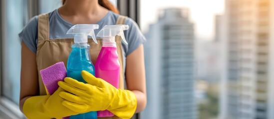 Woman holding a cleaning bucket with colorful supplies in a modern gym setting