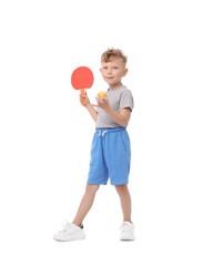 Little boy with ping pong racket and ball on white background