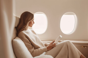 Businesswoman using tablet in luxury private jet cabin with soft natural light, beige tones, and quiet luxury aesthetic.