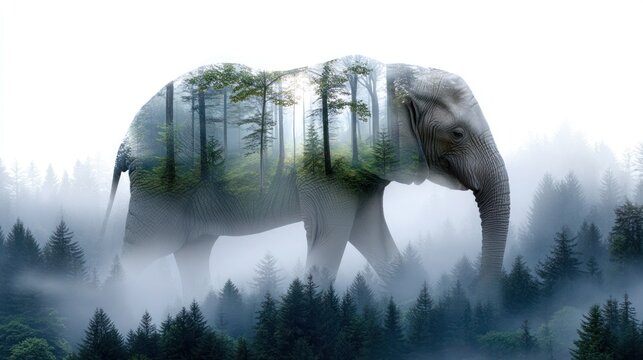 Elephant Double Exposure Blending into Vanishing Forest, Surreal Concept for Deforestation and Habitat Loss

