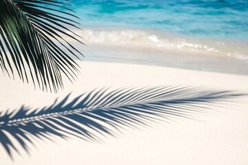 Palm Shadow on White Sand with Blue Ocean Background