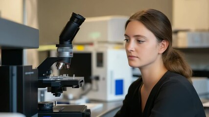 Young caucasian female scientist working in laboratory with microscope - Powered by Adobe