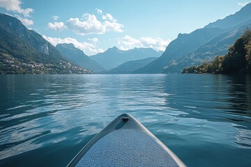Paddleboard on a Calm Sea with Distant Mountains
