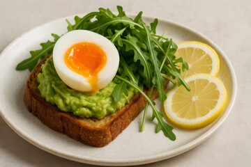 Healthy breakfast featuring avocado toast topped with a soft boiled egg, fresh arugula, and lemon slices