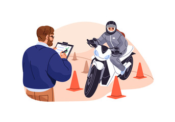 Girl rides motorcycle, passes exam in driving school. Examiner takes notes while lesson for receiving driver license. Student is training on motorbike. Flat isolated vector illustration on white