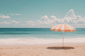 Minimalist Beach Scene with Pastel Waves and a Striped Umbrella