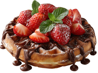 A close-up shot of a mouthwatering waffle, generously drizzled with chocolate sauce, and crowned with a vibrant arrangement of fresh strawberries and mint leaves. isolated on a white background