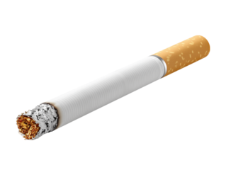  A close-up view of a single cigarette, with its smoldering tip and filter, highlighting the product. isolated on a white background