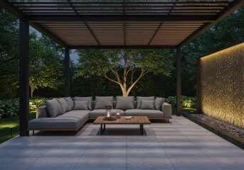 Modern outdoor living space with pergola and illuminated waterfall feature