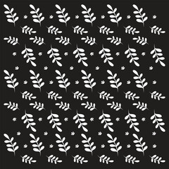 Minimalist black and white vector leaves pattern with geometric, abstract botanical design and seamless repetition.