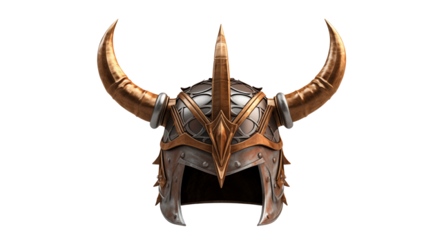 Ornate helmet with horns, a medieval fantasy warrior headwear design isolated on transparent background