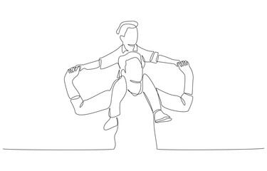 Continuous one line drawing of father carrying his son on his shoulders, parenting activity concept, single line art