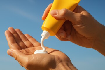 Sunscreen Protection: A person's hand is applying sunscreen from a yellow tube to protect the skin from the harmful sun ray