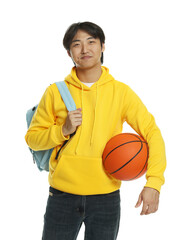 Student with basketball ball and backpack on white background