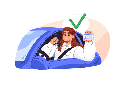 Student received driver license. Woman passed exams, completed driving school. Happy girl sits in car, holds card and keys. Permit for riding auto concept. Flat isolated vector illustration on white