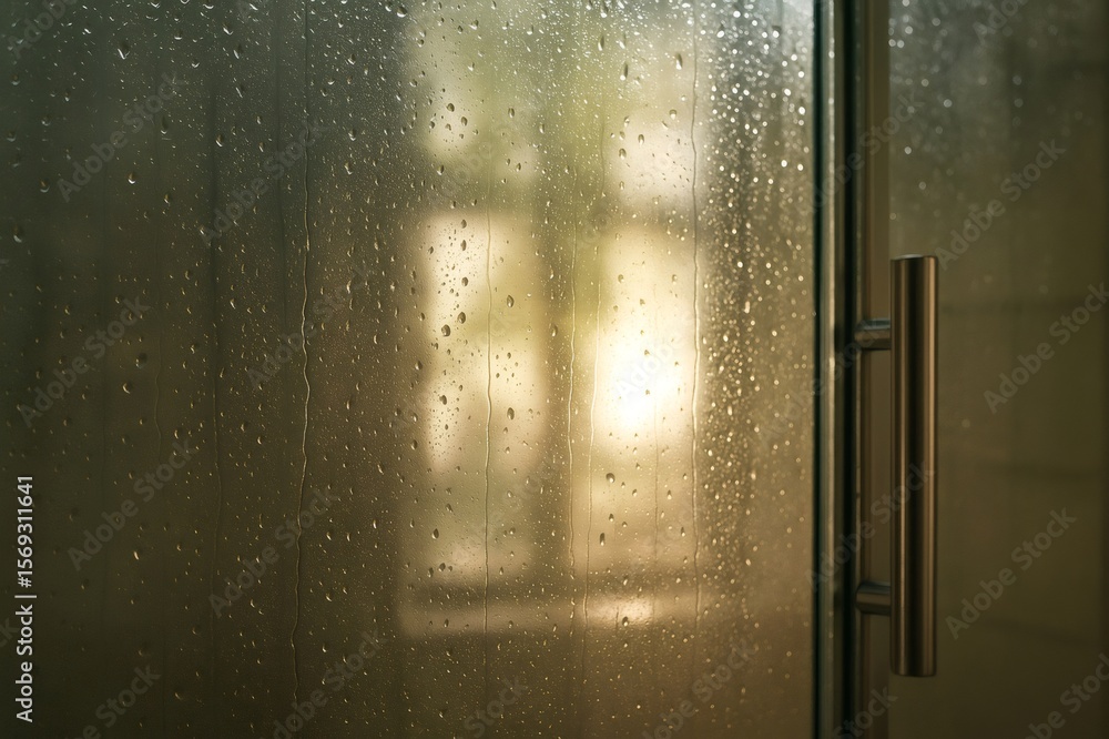 Poster close up of water droplets clinging to shower glass door, illuminated by warm light filtering throug