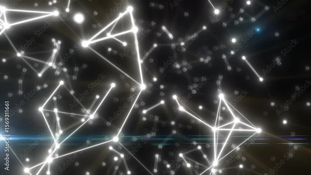 Poster glowing white network of digital lines and nodes over a dark background with sci-fi lighting and dep