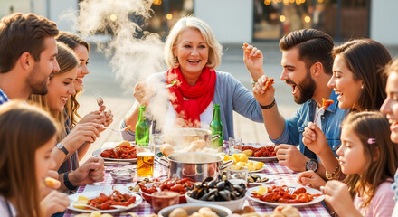 Festive Seafood Boil: Multi-Generational Family Celebration with Shrimp, Crawfish, and Mussels for a Blessing of the Fleet Event