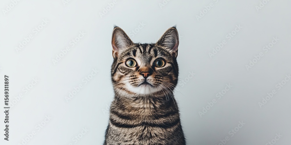 Poster a captivating close-up of a charming tabby cat with sharp features against a clean, soft background.