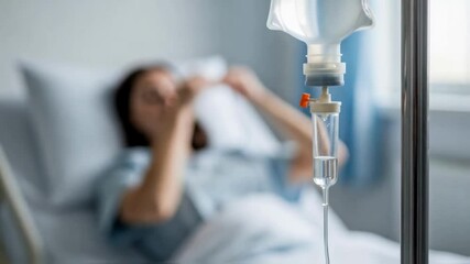 An IV drip infuses medication in the foreground with a patient resting in a hospital bed in the background, a scene representing medical treatment, hospitalization, and recovery - Powered by Adobe