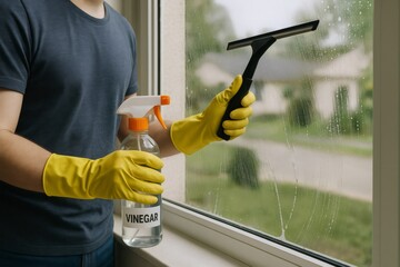 Gloved hands diligently cleaning a window with a spray bottle filled with vinegar and using a squeegee for a streak free finish