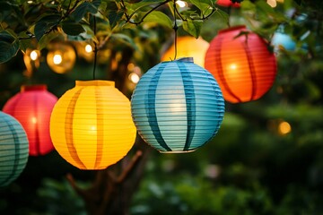 Colorful Paper Lanterns Hanging in a Summer Garden