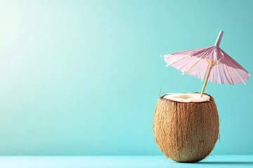 Coconut Drink with Straw and Umbrella on Flat Background