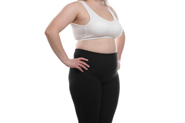 Weight loss. Plus size woman on white background, closeup