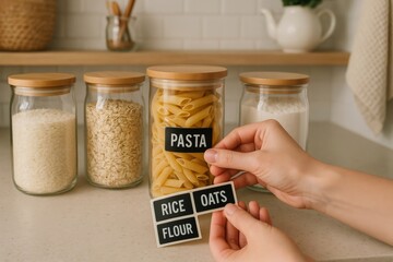Hands labeling reusable glass jars with pantry staples in modern kitchen, promoting sustainable and organized food storage