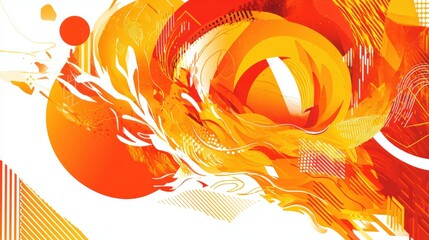 Vibrant abstract design featuring swirling orange and red shapes with dynamic movement and patterns