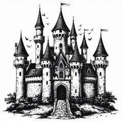 Fototapeta premium Black And White Illustration Of A Majestic Medieval Castle
